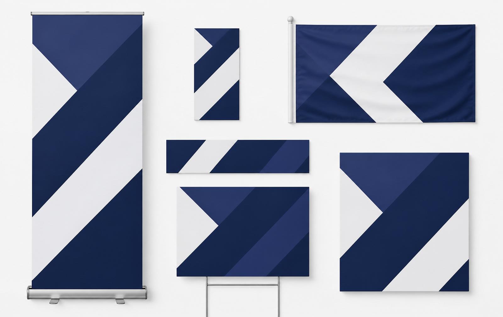 Mesma identidade visual fictícia aplicada em banner, bandeira, adesivo, placa e comitê